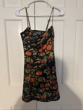 Urban Outfitters Black Mini Slip Dress with Orange & Green Floral Print